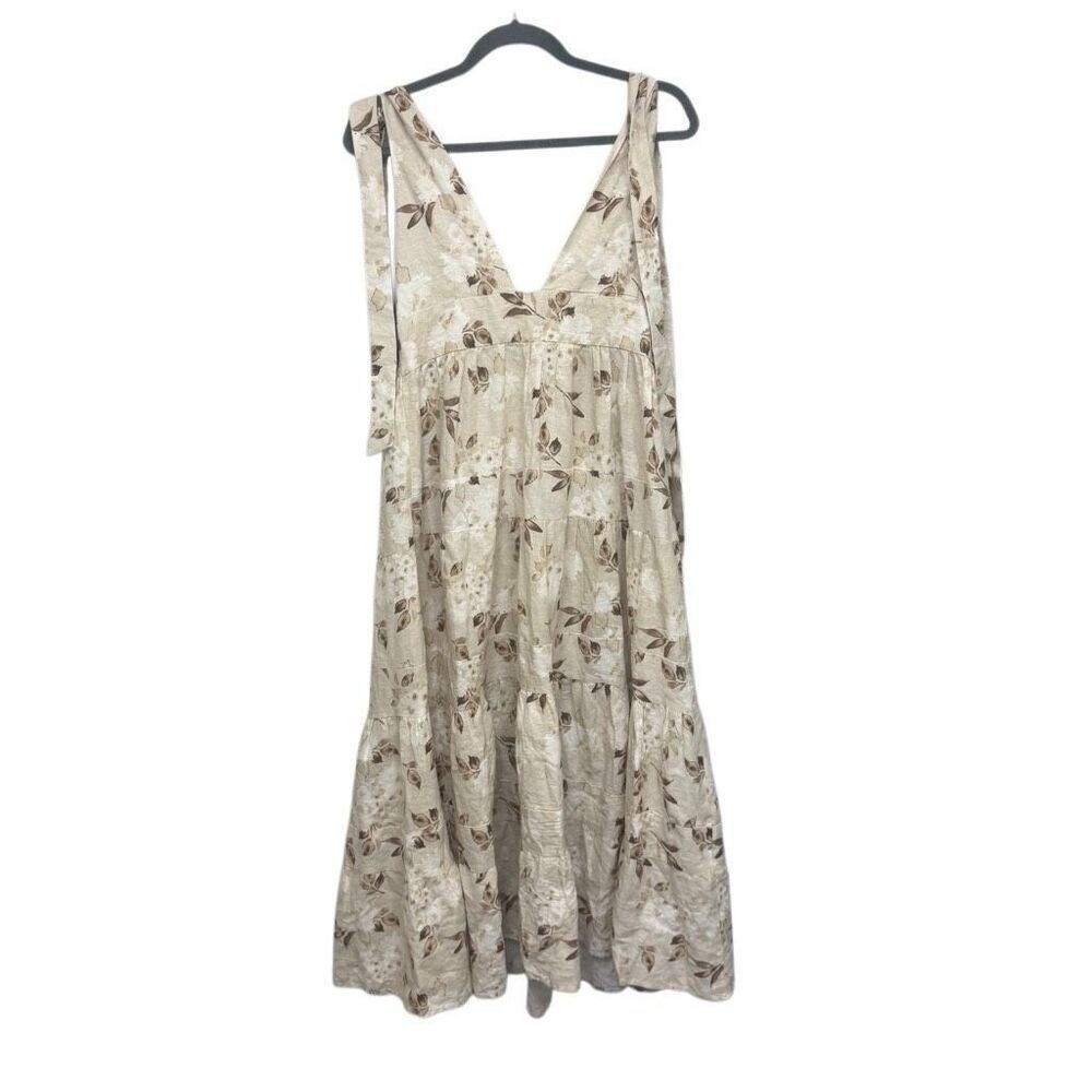House of Harlow 1960 beige maxi floral dress tie straps linen blend size medium